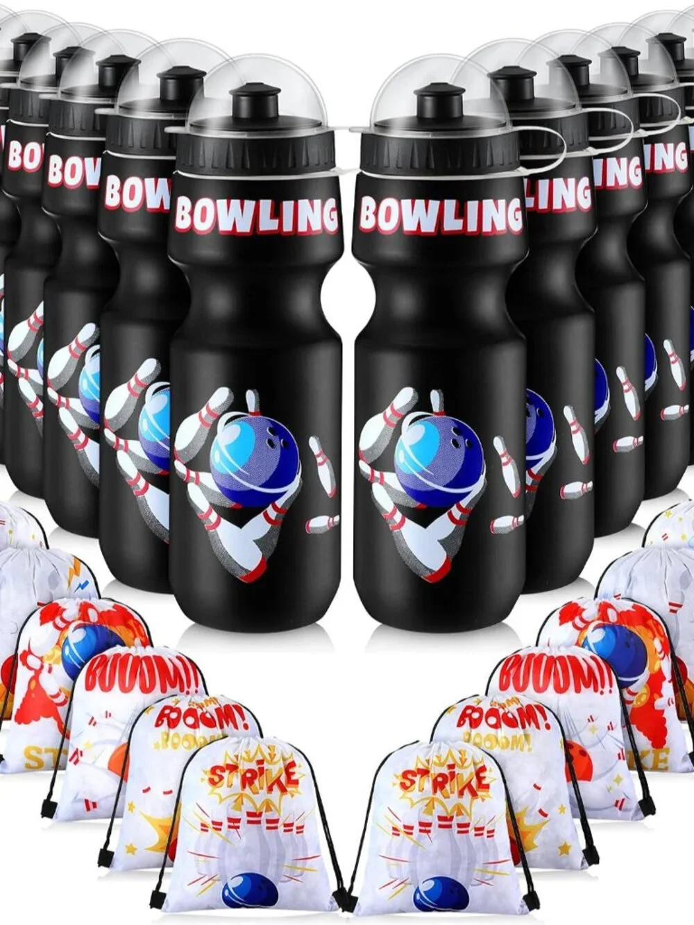 12 Pack Bowling Party Favors Set, Bowling Drawstring Bags & 24 oz Water Bottles,